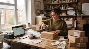 Young British entrepreneur packing customer orders in a home office with shipping boxes, labels, and a laptop displaying an online store.