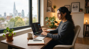 Young entrepreneur working on a MacBook in a cozy, modern London home office with a cup of tea on a wooden desk, natural window light, and minimalist décor. shopify uk review