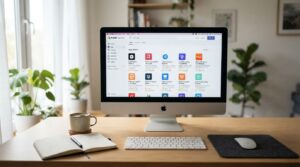 iMac displaying the Shopify App Store with featured apps, ratings, and categories on a minimalist desk with coffee and notebook. best shopify apps