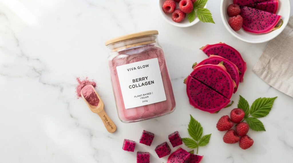 Glass jar of berry-pink vegan collagen powder surrounded by dragonfruit slices and fresh raspberries on a bright kitchen countertop.