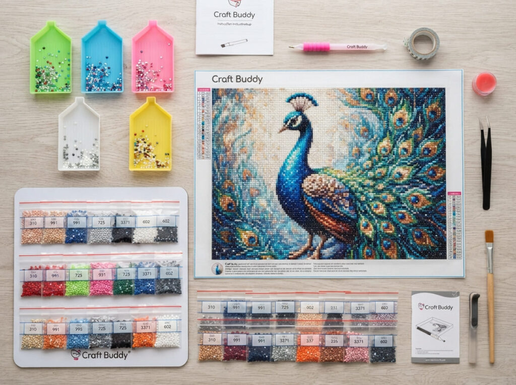 Craft Buddy diamond art tools, sorting trays, colourful resin gems, and a finished sparkling canvas arranged on a craft table.