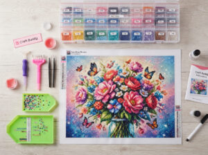 Craft Buddy diamond art tools, sorting trays, colourful resin gems, and a finished sparkling canvas arranged on a craft table.
