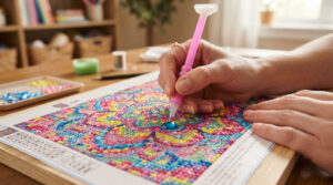 Hands using a pink diamond painting stylus to place a sparkling blue gem onto a colourful Craft Buddy diamond art canvas.