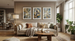 Three framed shimmering crystal art canvases displayed above a cosy sofa in a modern living room.