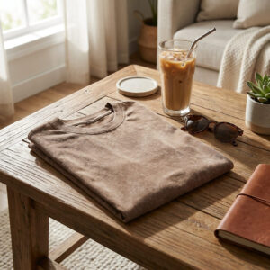 Folded washed vintage oversized graphic t-shirt displayed on a rustic wooden coffee table beside iced coffee and sunglasses in morning light. oversized vintage