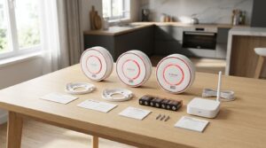 X-Sense 3-piece interconnected smoke alarm bundle unboxed with mounting brackets, batteries, and an SBS50 Wi-Fi base station on a tabletop.