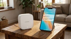 X-Sense Wi-Fi base station on a wooden side table beside a smartphone displaying real-time safety alerts from the X-Sense app.