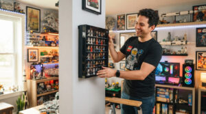 LEGO collector mounting a black acrylic Speed Champions display frame on the wall of a bright game room. BrickZoneHub