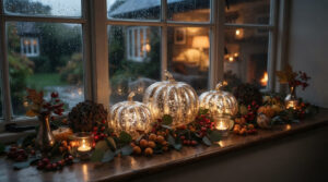 Bdor glowing mercury glass pumpkin lights arranged on a rainy autumn windowsill with tea lights and seasonal berries.