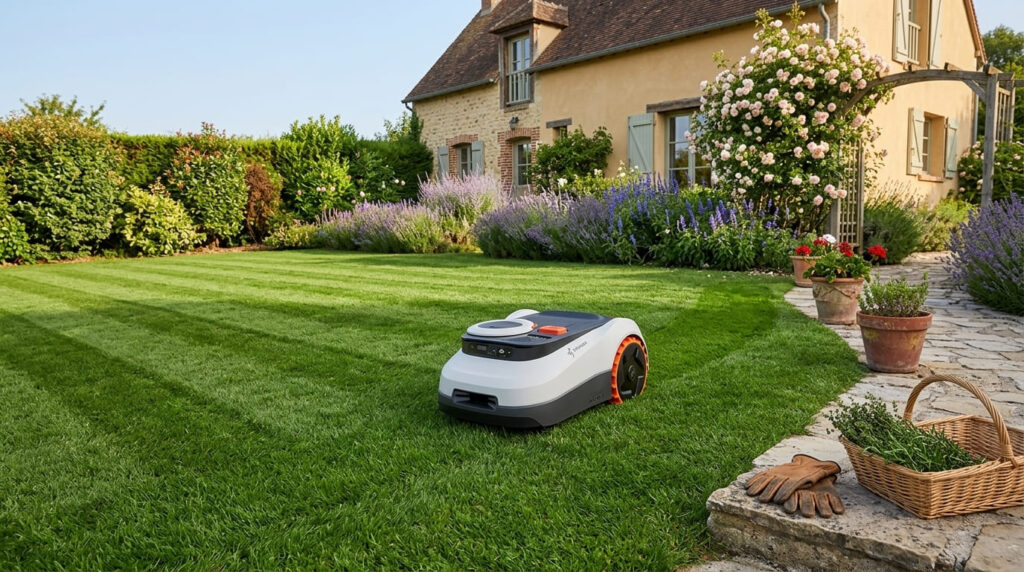 Segway Navimow robotic lawn mower cutting a lush green suburban garden lawn in France under bright natural daylight.