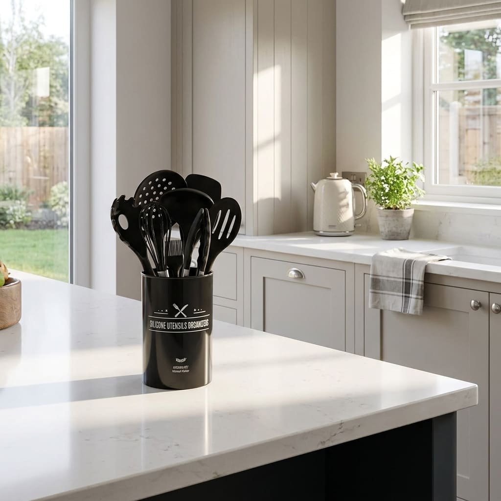 12-piece black silicone kitchen utensil set arranged in a countertop holder on a quartz kitchen island in a modern British kitchen.