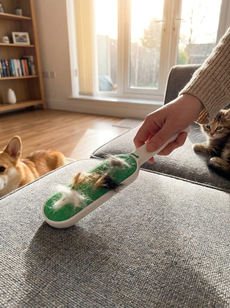 Person using a green double-sided Fur Magic pet hair remover brush to remove cat and dog fur from a grey fabric sofa in a modern British living room.