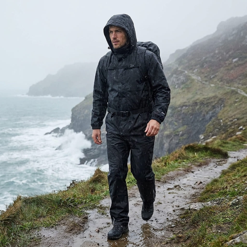 Man wearing a black 33,000ft waterproof hooded rain jacket and trousers while walking along a misty coastal trail in the UK during rainy weather.