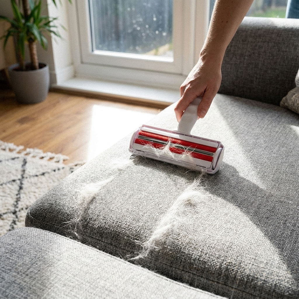 Person using a red 1ABOVE pet hair remover roller to collect white dog fur from a grey fabric sofa in a bright modern British living room.