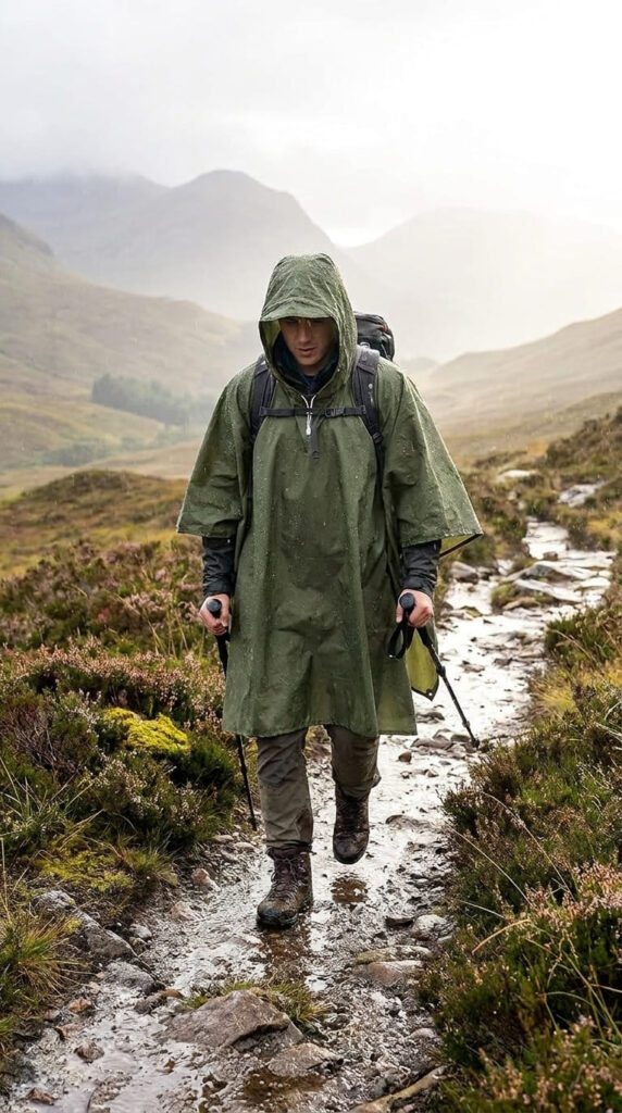 Person wearing a clear LEEPAT waterproof rain poncho with the hood up while hiking along a wet, misty trail in the Scottish Highlands.