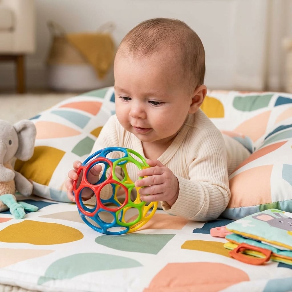 Baby sitting on a colourful play mat while holding the Bright Starts Oball Easy Grasp Classic Ball under soft studio lighting.