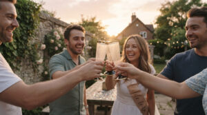 Group of friends holding up plastic disposable champagne flutes for a toast at an outdoor celebration