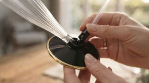 Hands assembling a two-piece detachable plastic champagne flute base