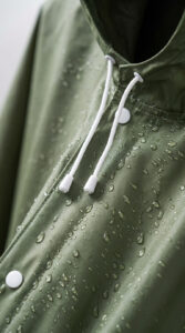 Close-up of the LEEPAT rain poncho showing water droplets beading on its EVA material, adjustable drawstring hood, and side press-stud fasteners.