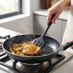 Person using a black silicone spatula to flip food in a non-stick frying pan without scratching the cooking surface.
