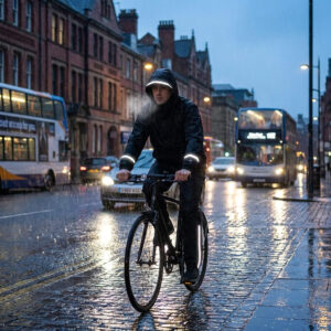 Person cycling through a rainy UK street at twilight while wearing a 33,000ft rain suit with reflective safety strips catching the light. Men's Waterproof Rain Suit