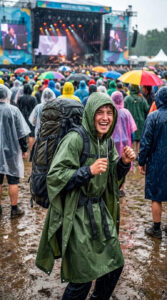 Person wearing a clear LEEPAT rain poncho over a large backpack while attending an outdoor music festival during a rainy afternoon.