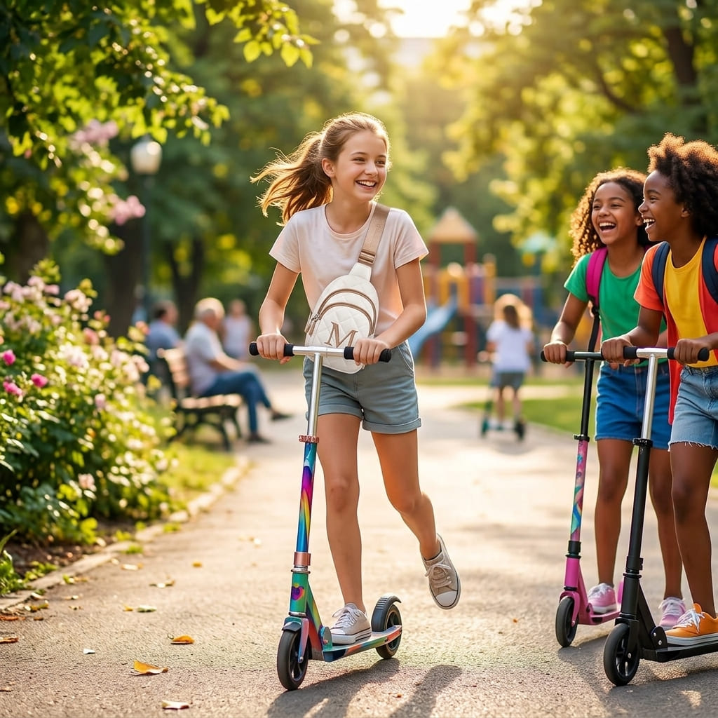 Young girl wearing a YOOLIFE initial crossbody bag across her chest while riding a scooter outdoors with friends on a sunny day.