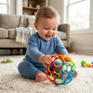 Smiling baby playing with and rolling the Bright Starts Oball Classic Ball across a cosy living room rug.