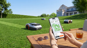 Homeowner using the Segway Navimow smartphone app on a sunny patio while the robotic mower cuts grass in the background.