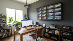 Matte black acrylic display frame mounted on a dark grey wall, showcasing twelve colourful LEGO Speed Champions race cars in a grid.