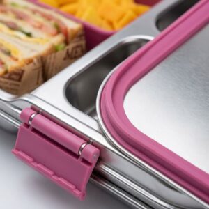 Close-up of the BOSEDSANG kids bento box showing its child-friendly latches, smooth stainless steel divider, and silicone leak-proof lid gasket.