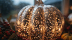 Close-up of the Bdor illuminated mercury glass pumpkin showing its speckled metallic texture, decorative stem, and warm internal glow.