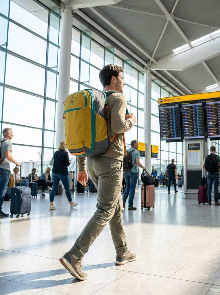 Traveler wearing the Osprey Daylite Expandable 26+6 travel pack in Tumbleweed Yellow while walking through a modern London airport terminal.