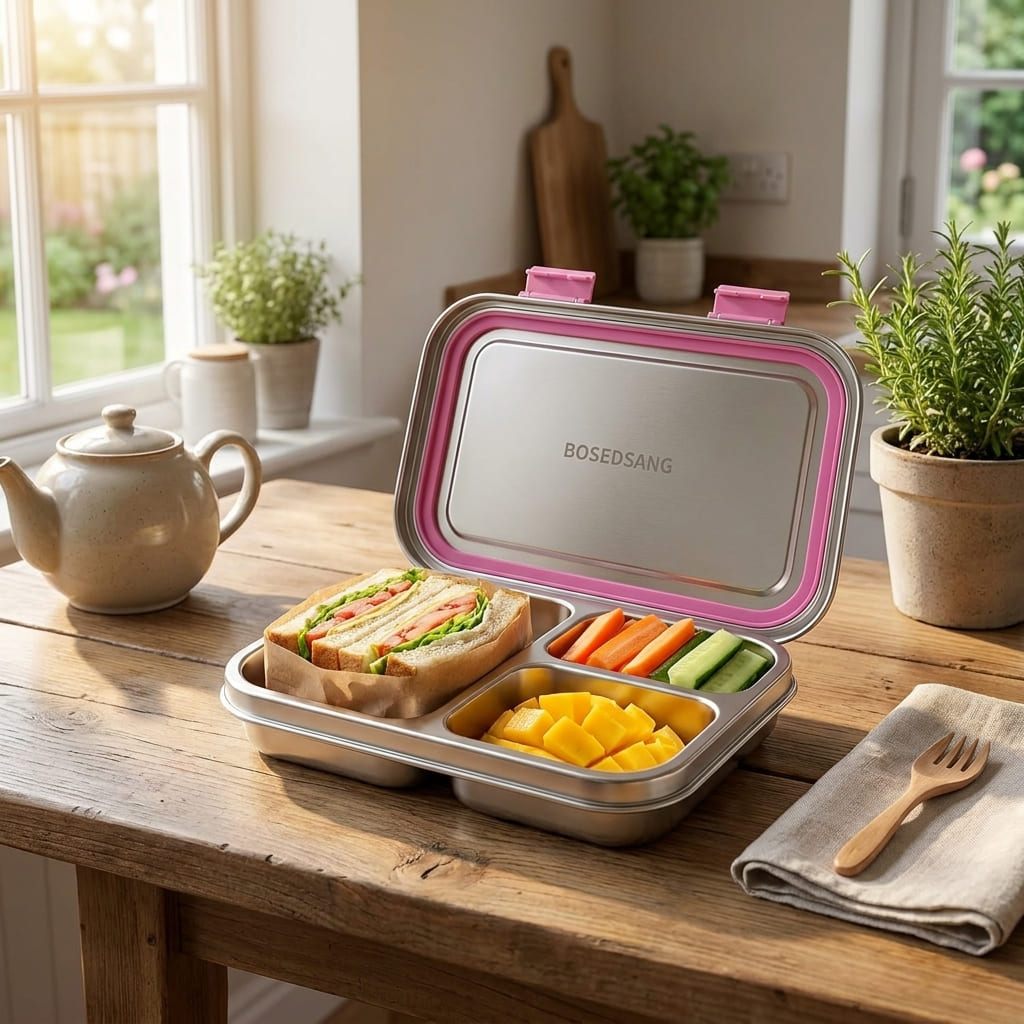 Colorful BOSEDSANG stainless steel kids bento box open on a wooden kitchen table, packed with a sandwich, fruit slices, and vegetable sticks.