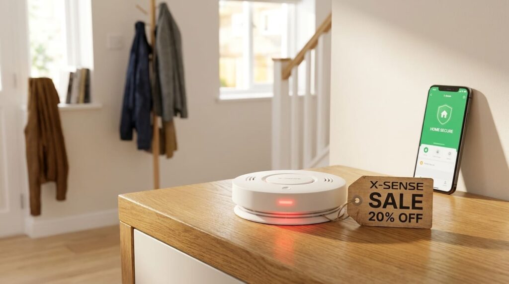 X-Sense smart smoke and carbon monoxide alarm on a wooden counter beside a promotional discount tag and smartphone showing a green security status in a modern UK hallway.