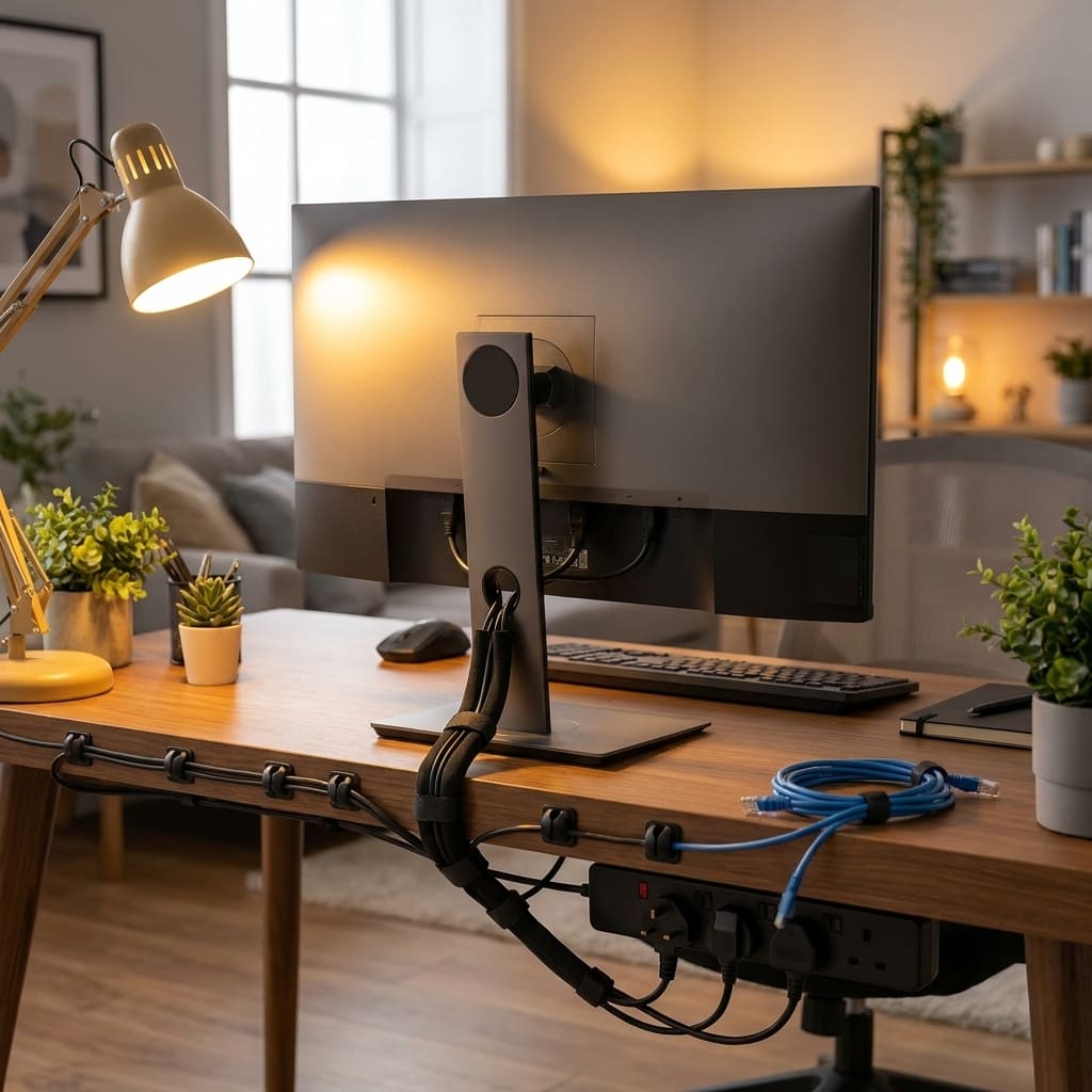 Organised UK home office desk with black neoprene cable sleeves and adhesive cord clips neatly routing cables behind a computer monitor.