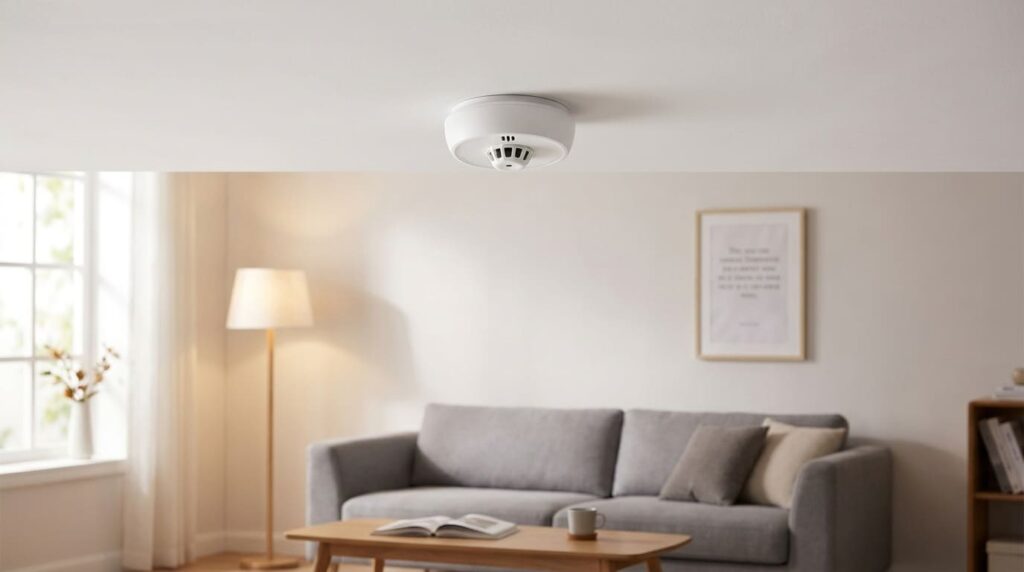 X-Sense smart smoke and carbon monoxide detector mounted on a crisp white ceiling in a contemporary British living room.