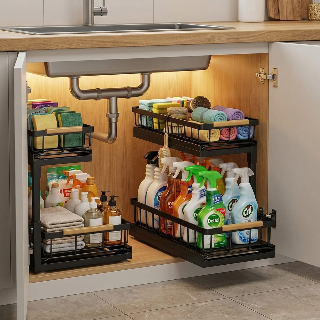 Two-tier black metal pull-out under-sink organizer filled with cleaning sprays, sponges, and microfiber cloths inside a modern UK kitchen cabinet.