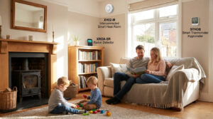 Family relaxing together in a cosy UK home with X-Sense smart safety devices discreetly installed in the background.