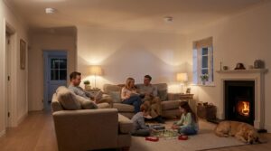 Family relaxing together in a British living room with X-Sense interconnected smoke alarms discreetly mounted on the ceiling.
