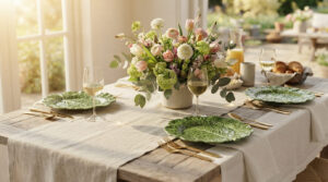 Four green cabbage leaf stoneware plates arranged with white napkins and a floral centerpiece on a sunlit brunch table.