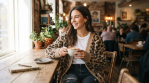 Woman wearing an oversized printed cardigan sweater outdoors in the UK