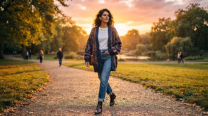 Woman wearing a slouchy cardigan over jeans and ankle boots outdoors